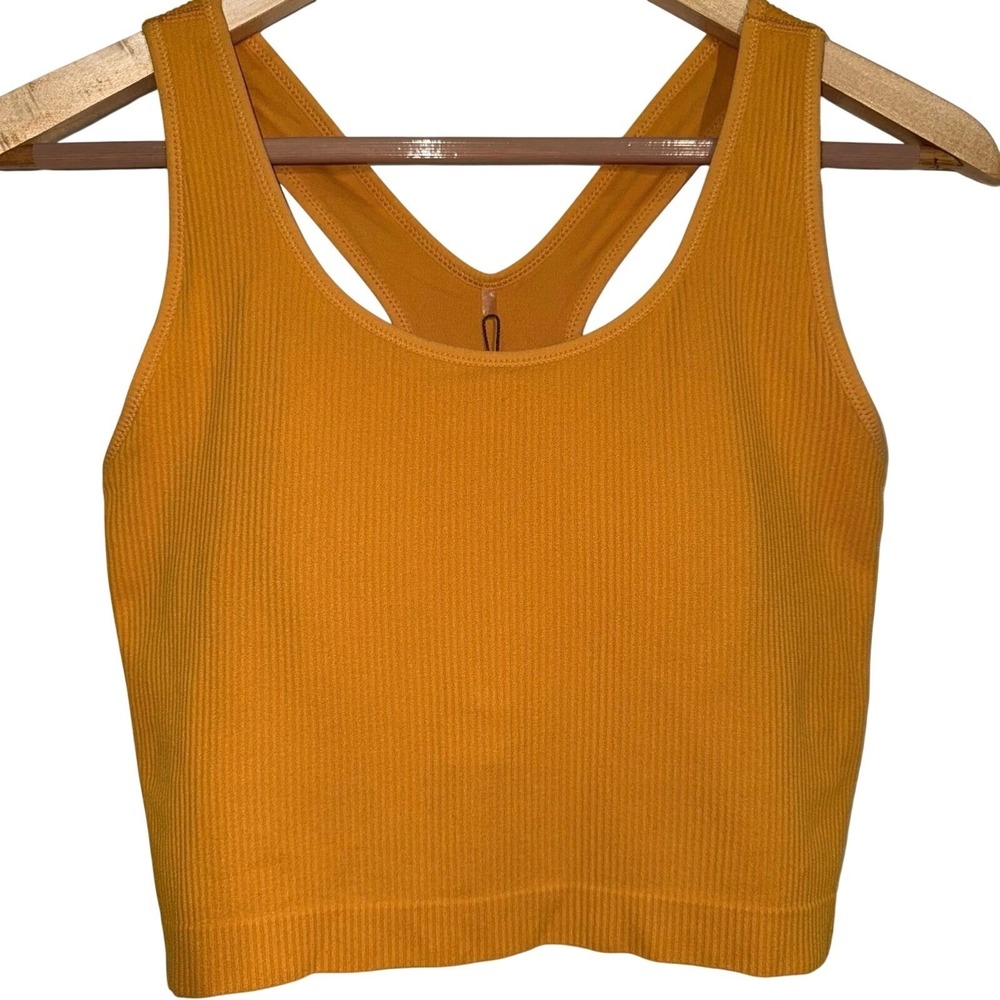 Calia Seamless Ribbed Racerback Cropped Tank Top Gold Size L NWT
